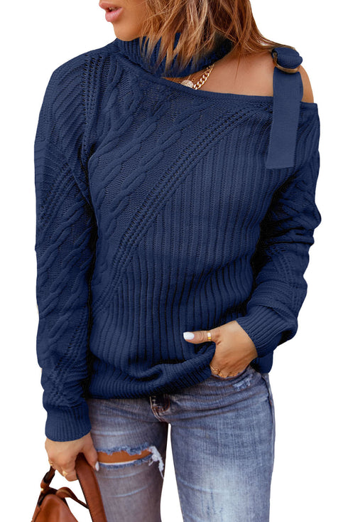 Strapped Cut Out Shoulder Turtleneck Sweater